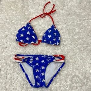 Xhilaration red white blue bikini EUC 4th of July reversible top XS  USA